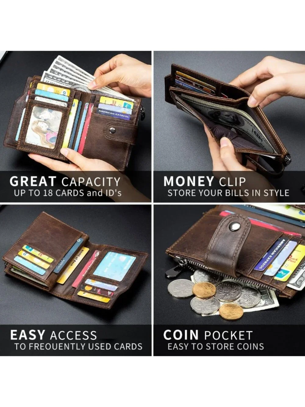 Large Capacity RFID Blocking Leather Wallet for Men, 17 Card Slots & Coin Pocket